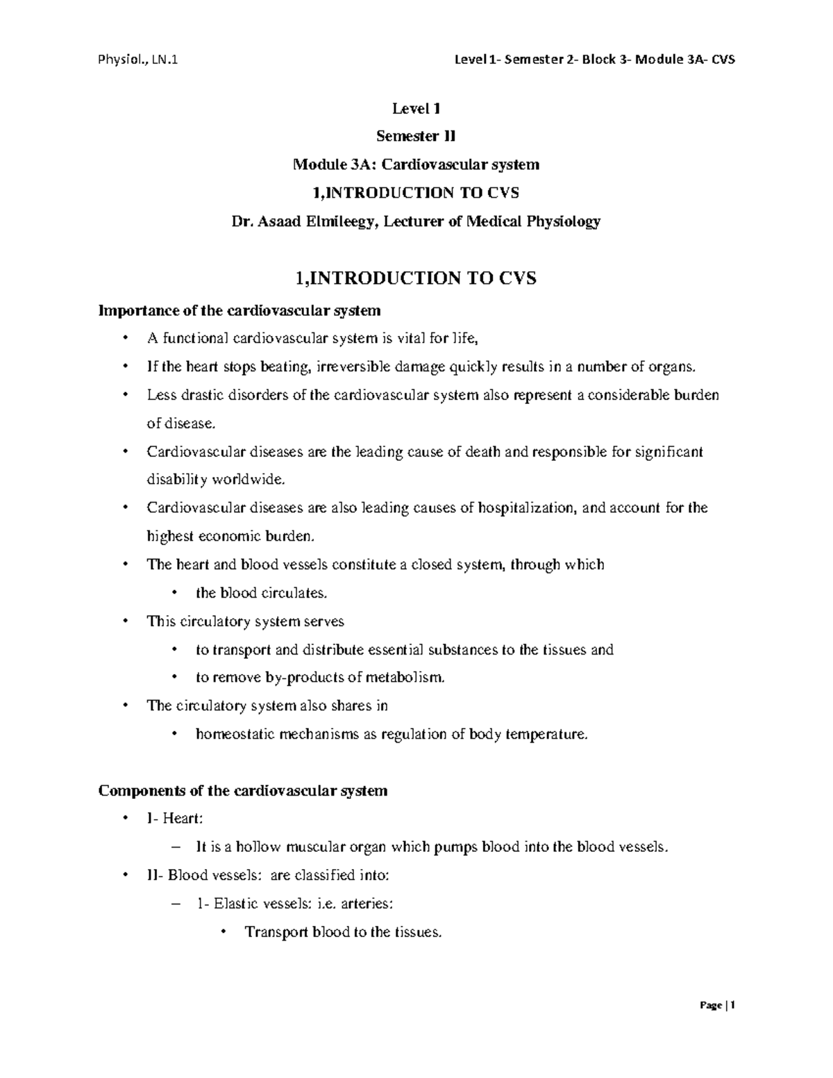 CVS, Physiol., LN.1 - a lecture note - Level 1 Semester II Module 3A ...