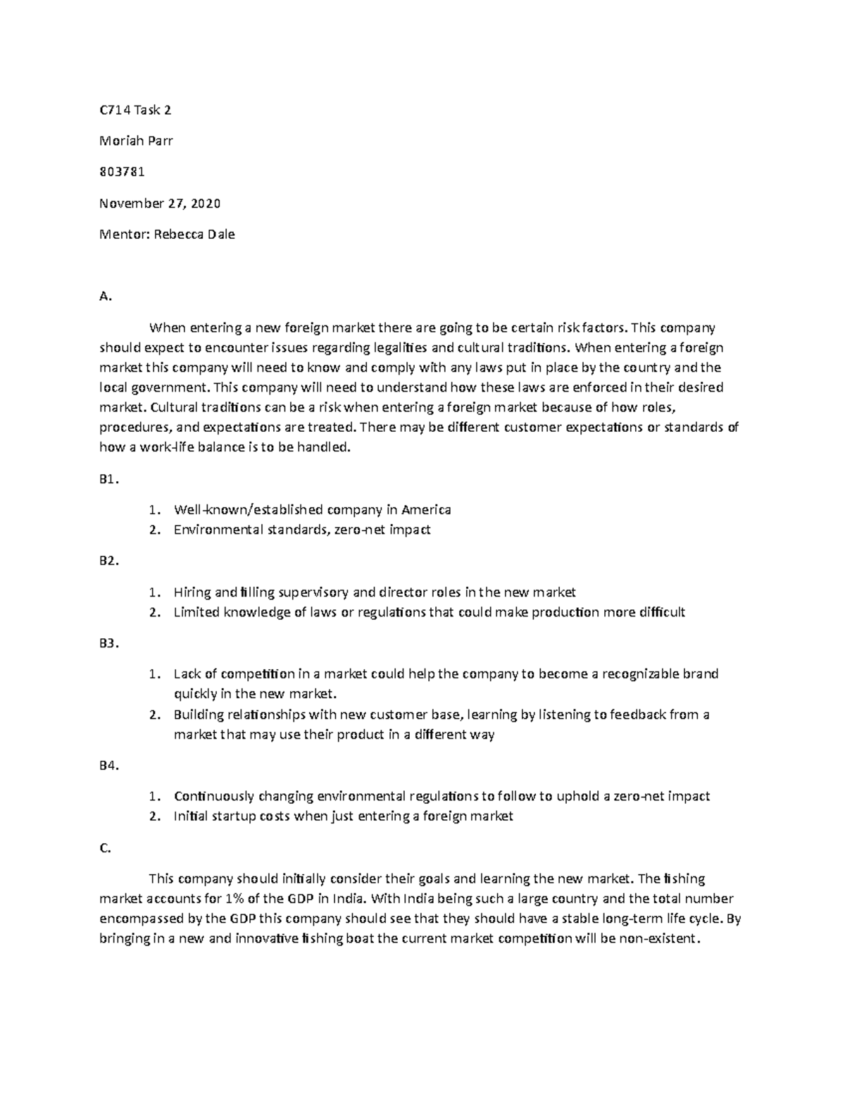 C714 Business Strategy Task2 - C714 Task 2 Moriah Parr 803781 November ...