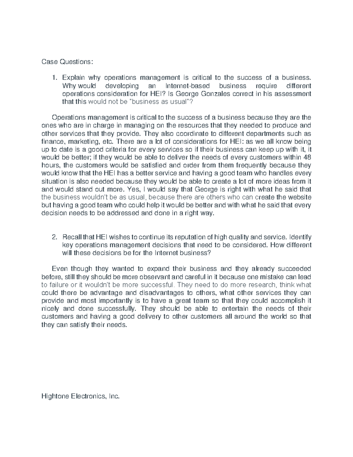 Opertqm 2 - Case Questions: Explain why operations management is ...