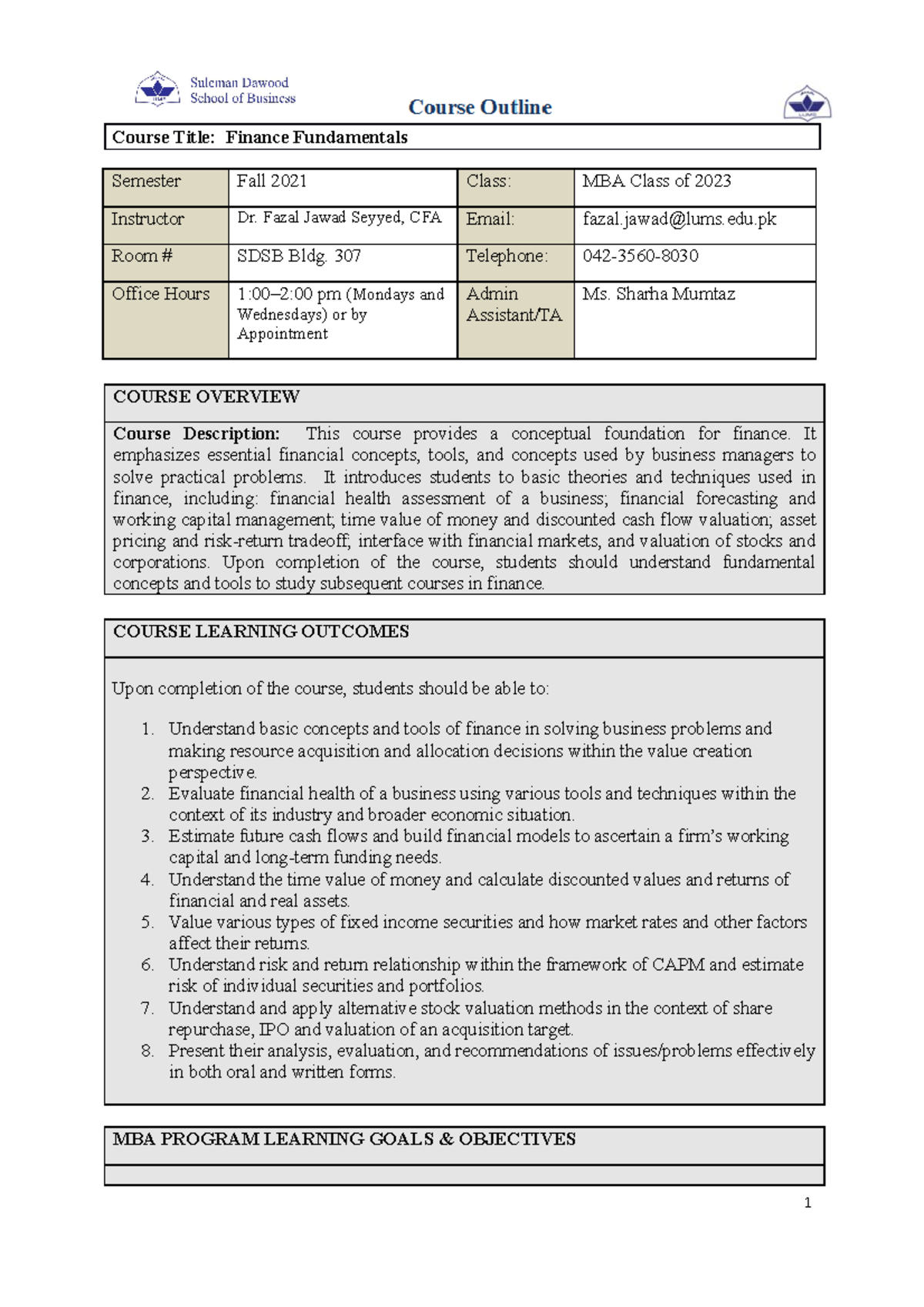 FF Course Outline Fall 2021 - Course Title: Finance Fundamentals ...