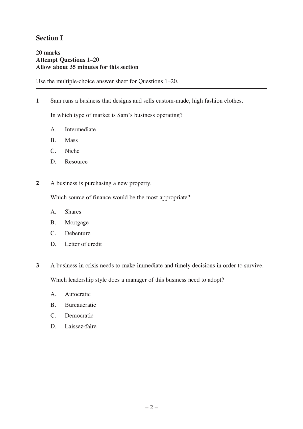 2019 HSC Business Studies finance questions - Section I 20 marks ...