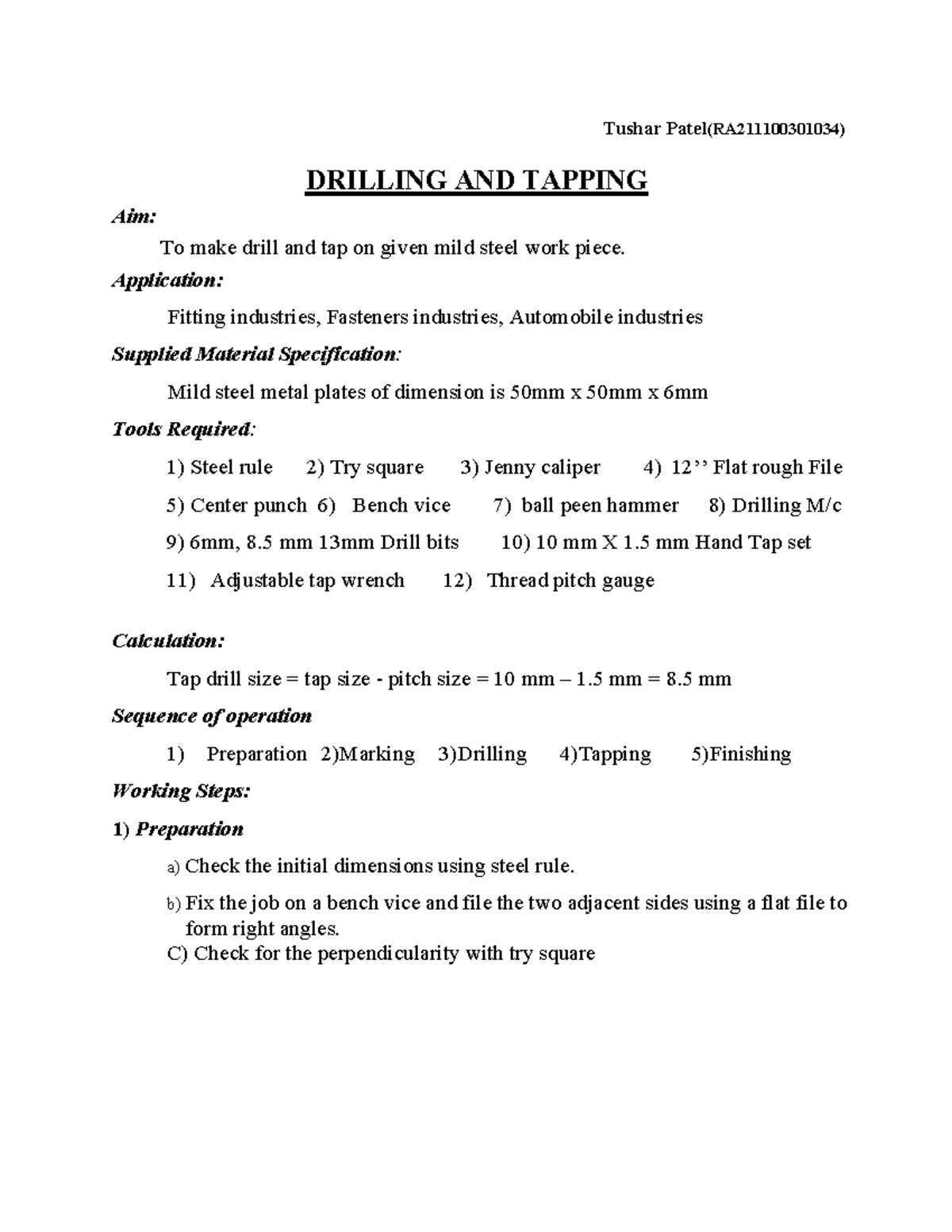 Ex No - 2 Drilling AND Tapping - Tushar Patel(RA211100301034) DRILLING ...