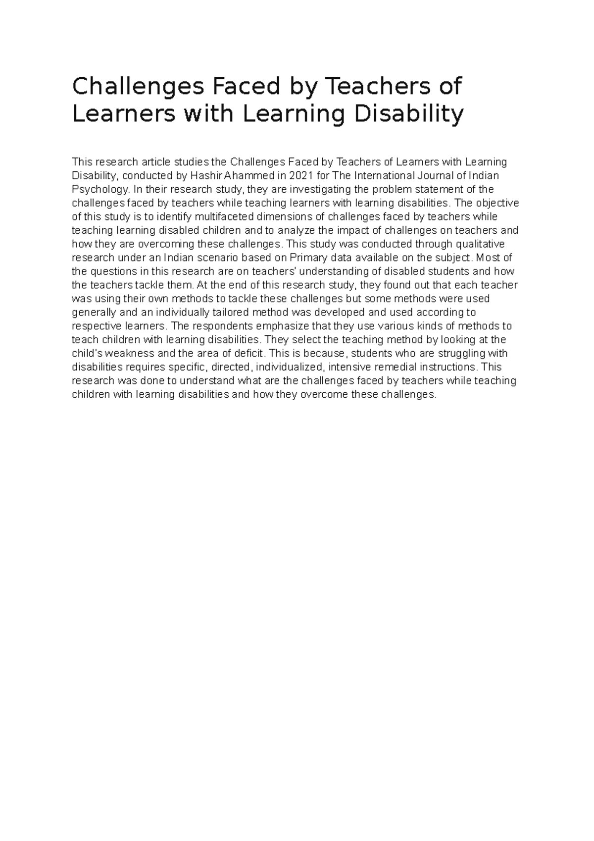 Challenges Faced by Teachers of Learners with Learning Disability - In ...