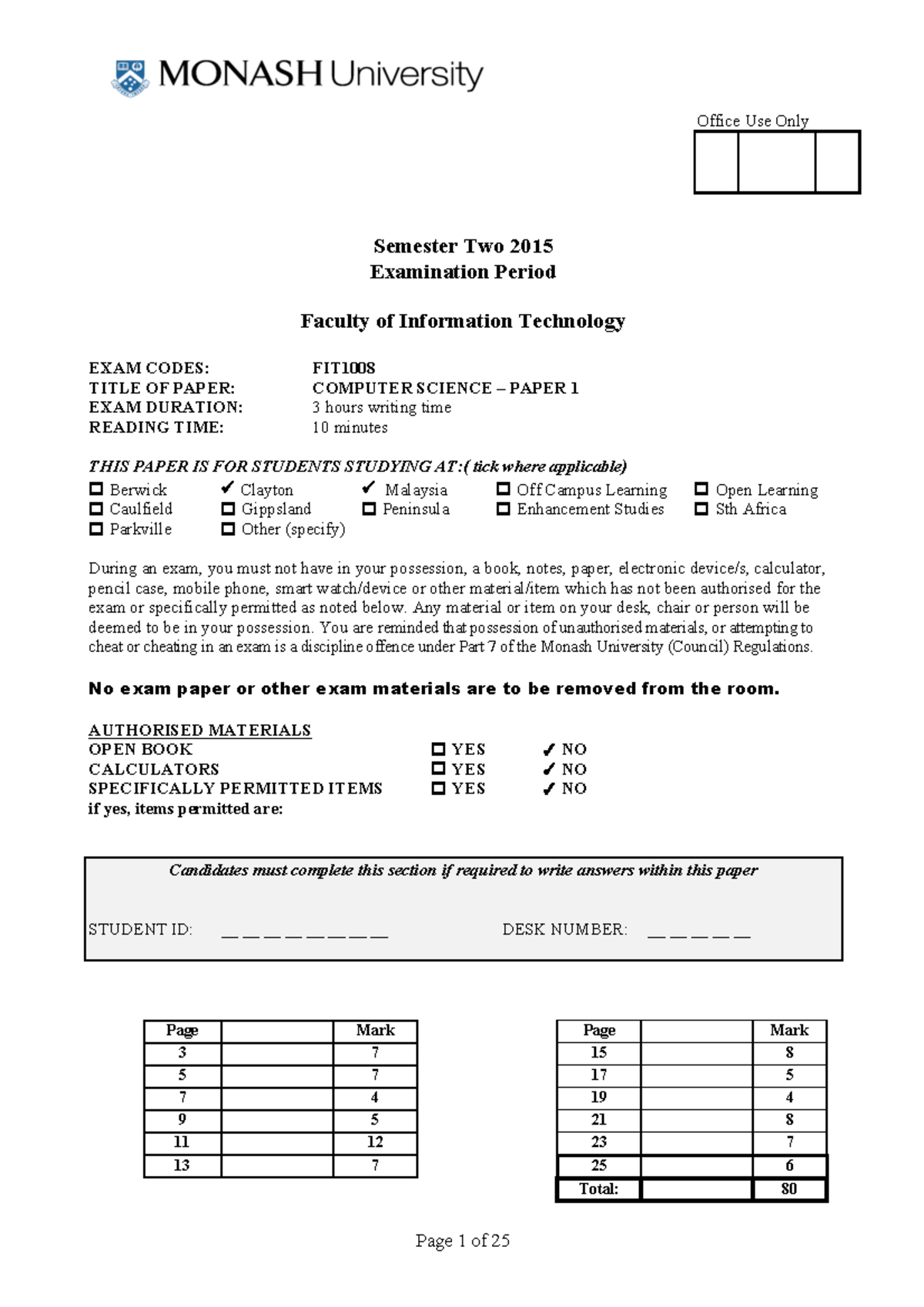 Exam 8 January 2015, questions - Office Use Only Semester Two 2015 ...