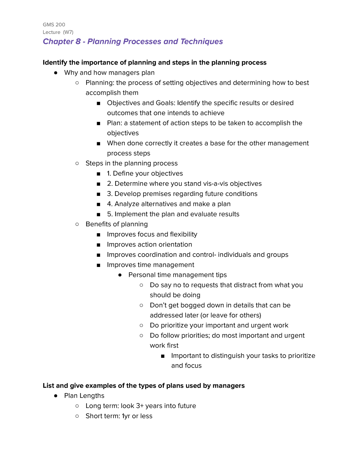 Ch8 Planning Process and Techniques (W7) GMS 200 Lecture (W7) Chapter