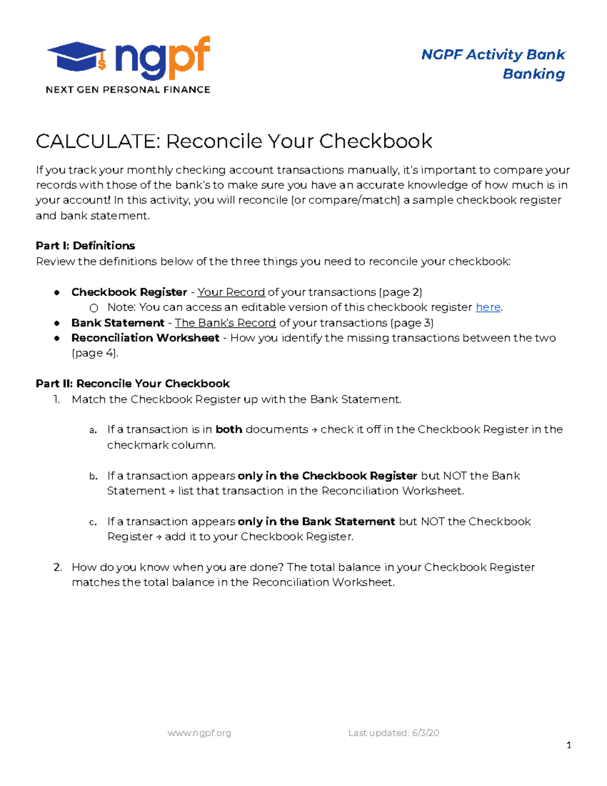 Calculate Reconcile Your Checkbook - NGPF Activity Bank Banking ...