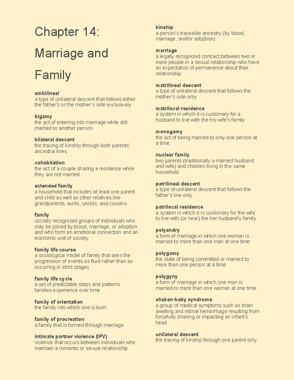 Ch 14 Key Terms - Chapter 14: Marriage and Family vocab - Chapter 14 ...