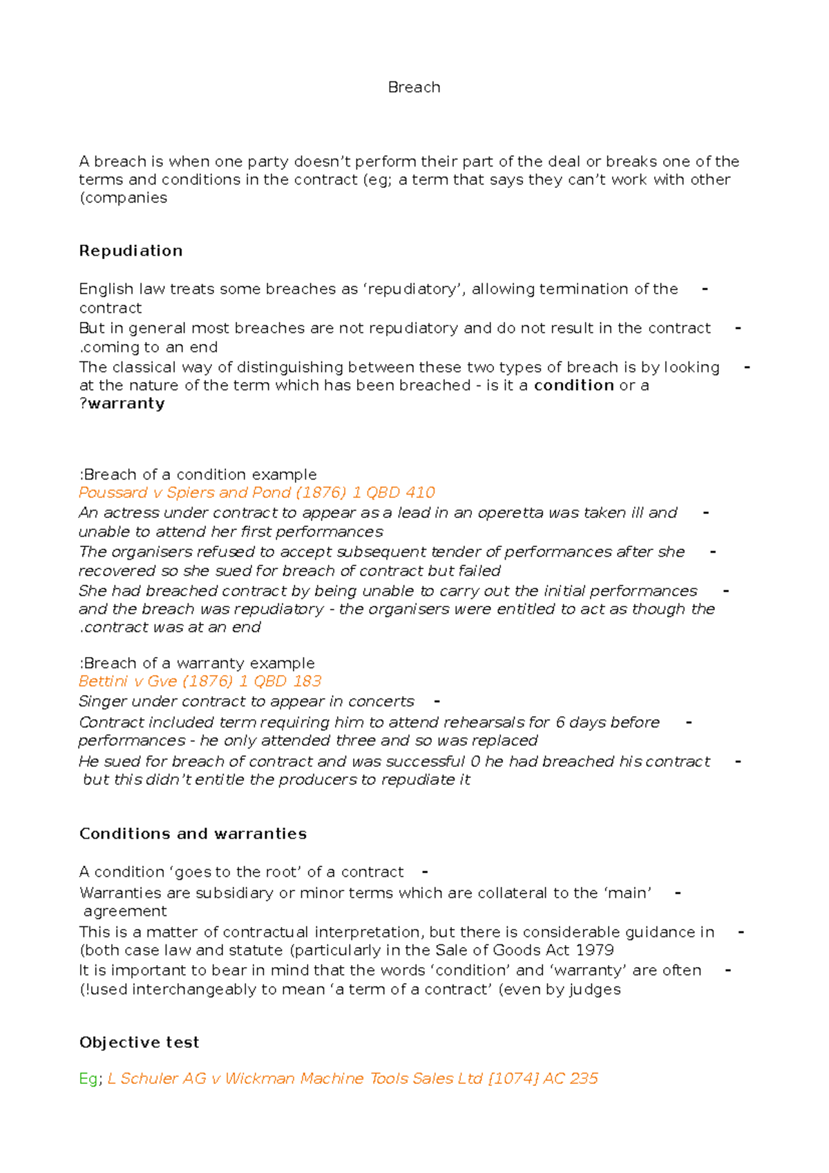 Breach word - notes - Breach A breach is when one party doesn’t perform ...