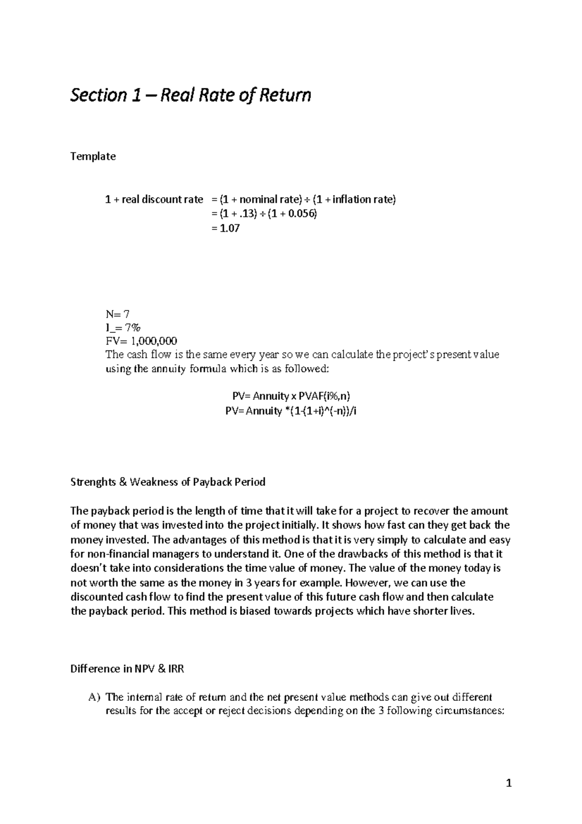 Past exams Questions - Section 1 – Real Rate of Return Template 1 ...