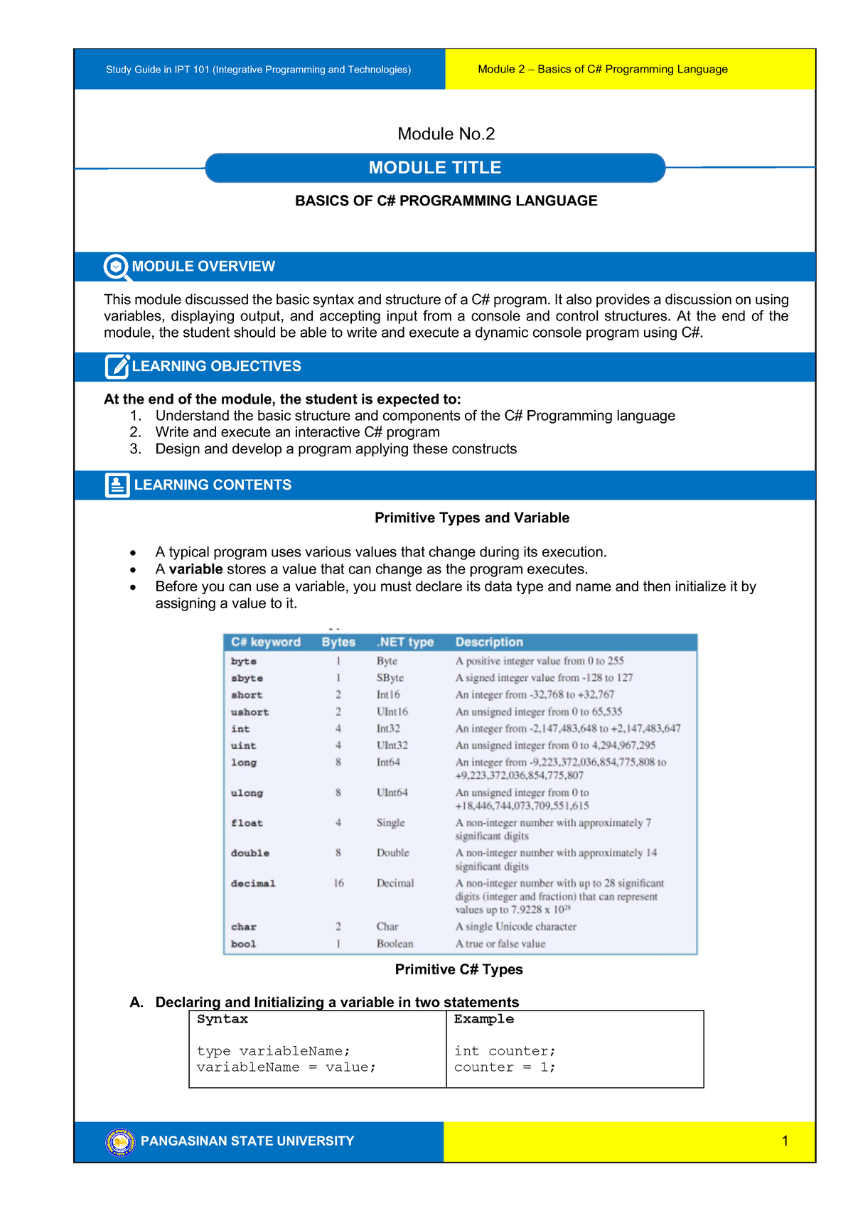 SG2 - IPT 101 - lecture notes - MODULE TITLE Module No. BASICS OF C# ...