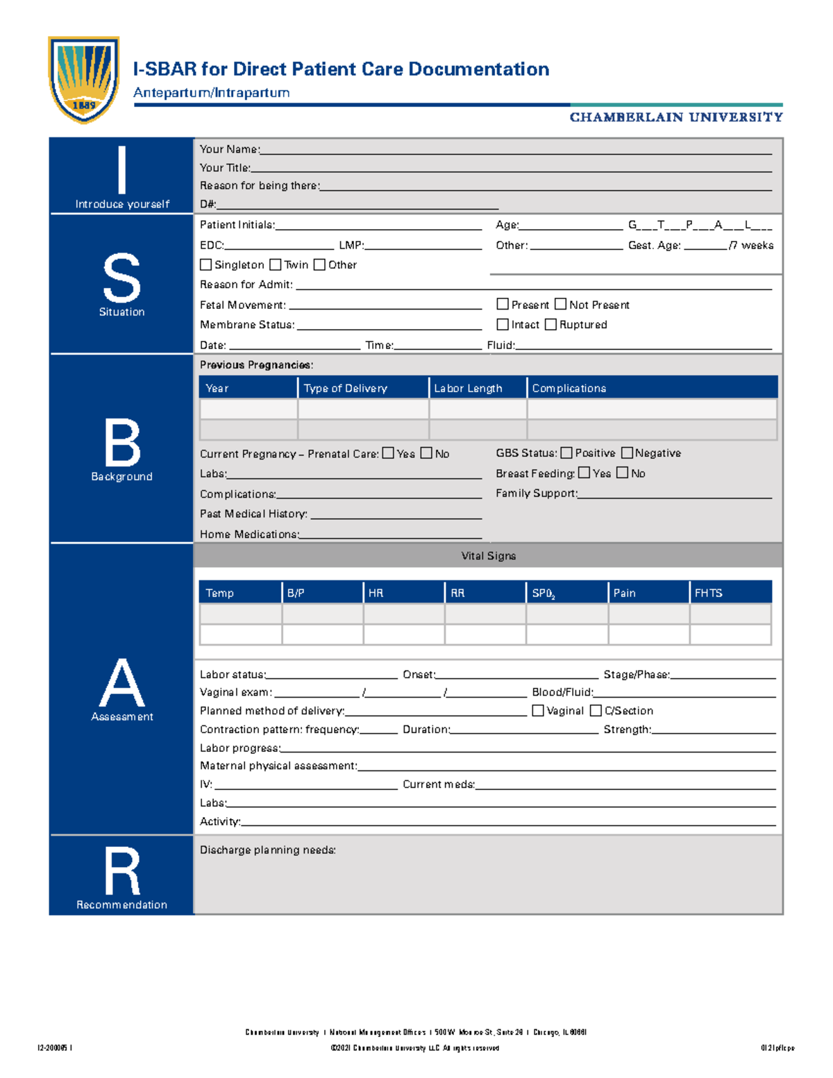 Antepartum Intrapartum I SBAR - 12-200085 ©2021 Chamberlain University ...