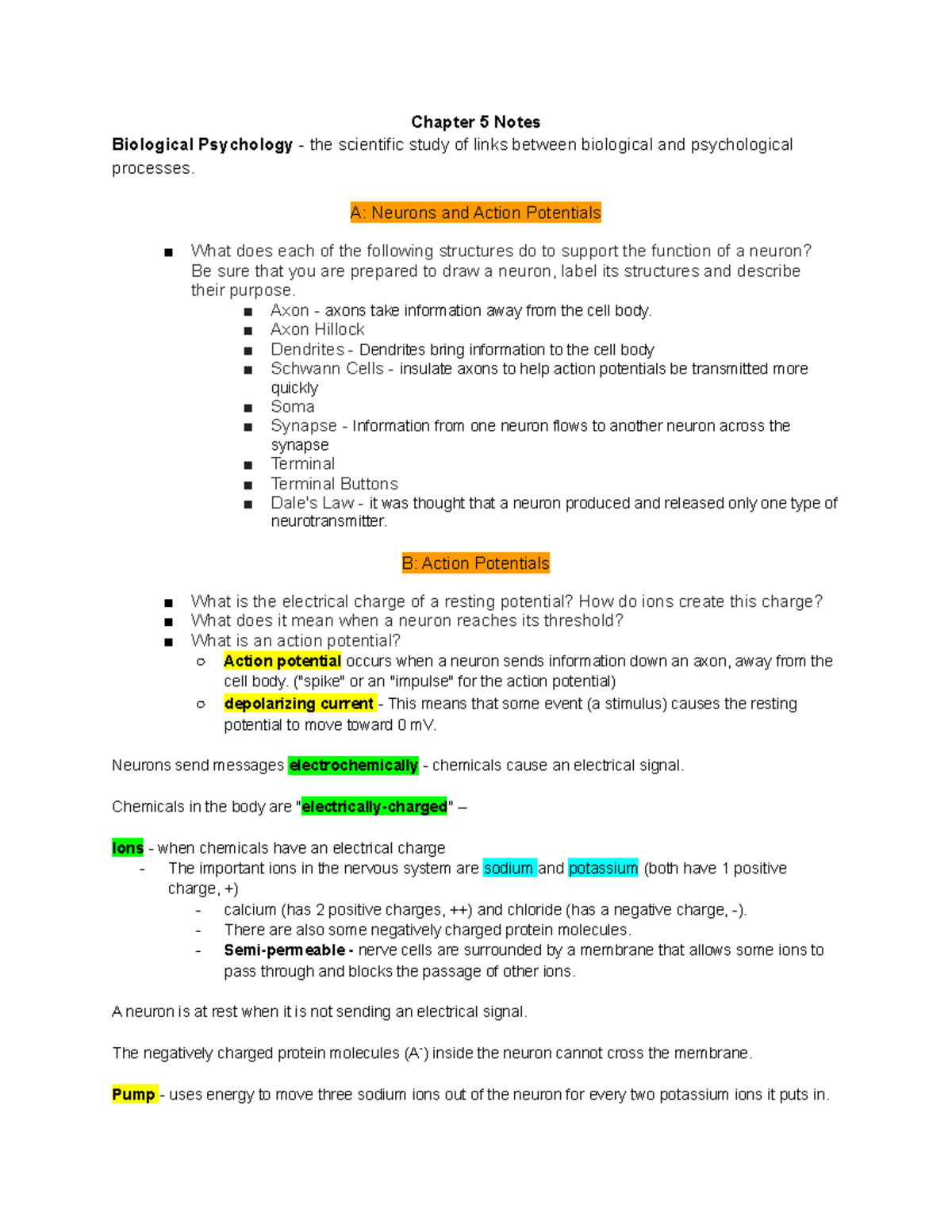 Chapter 5 Notes - Chapter 5 Notes Biological Psychology - The ...