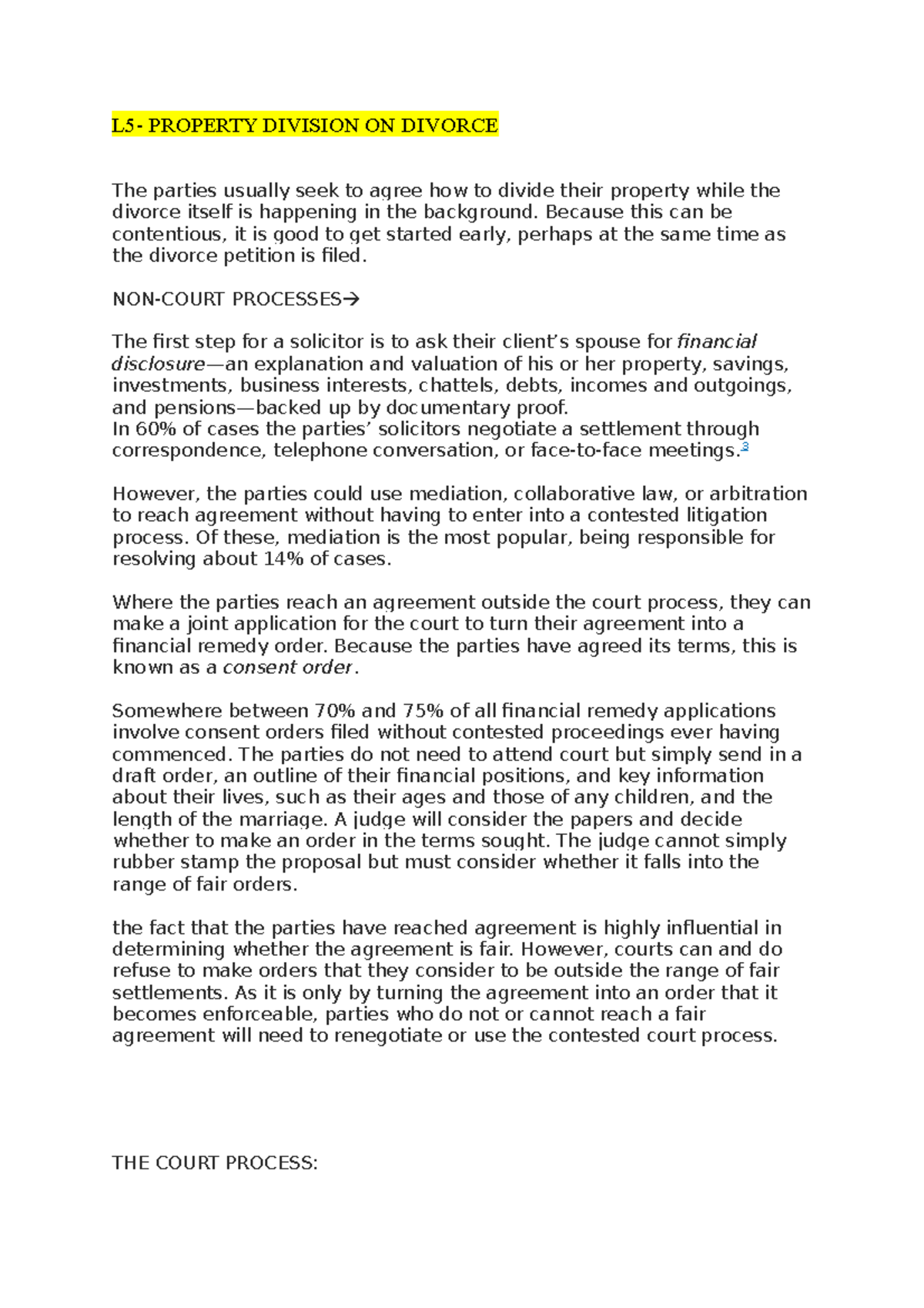 Property Division Divorce notes L5 PROPERTY DIVISION ON DIVORCE The