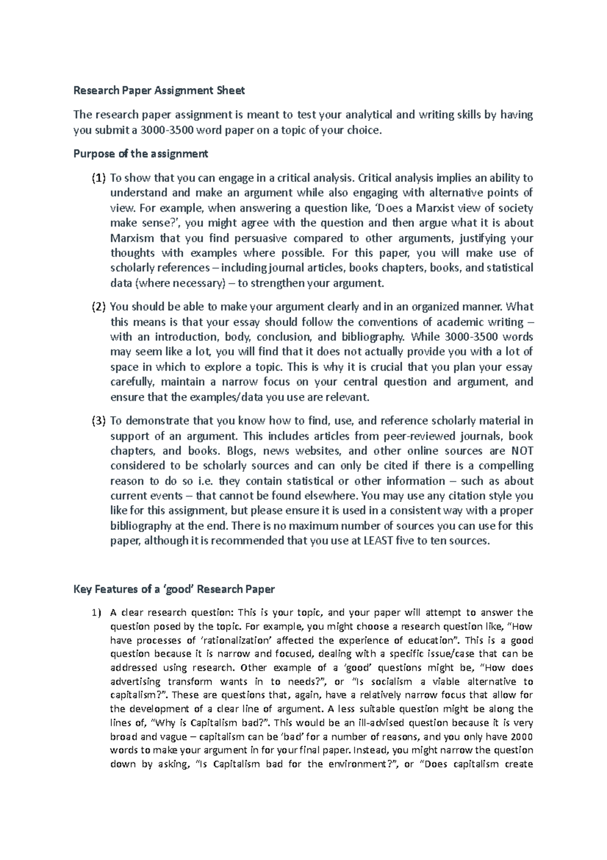 Research Paper Assignment Sheet - Purpose of the assignment (1) To show ...