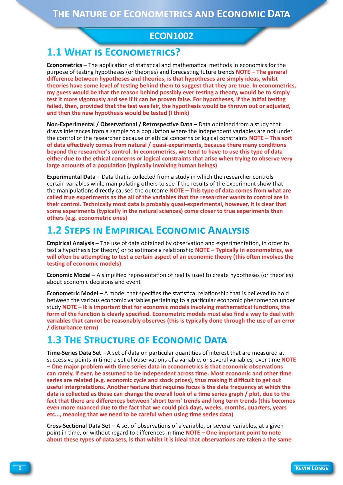 Chapter 1 (ECON1002 Notes) - ECON ϭ͘ϭ T« ã IÝ OnoÃeãÙi Ý͍ Econometrics ...