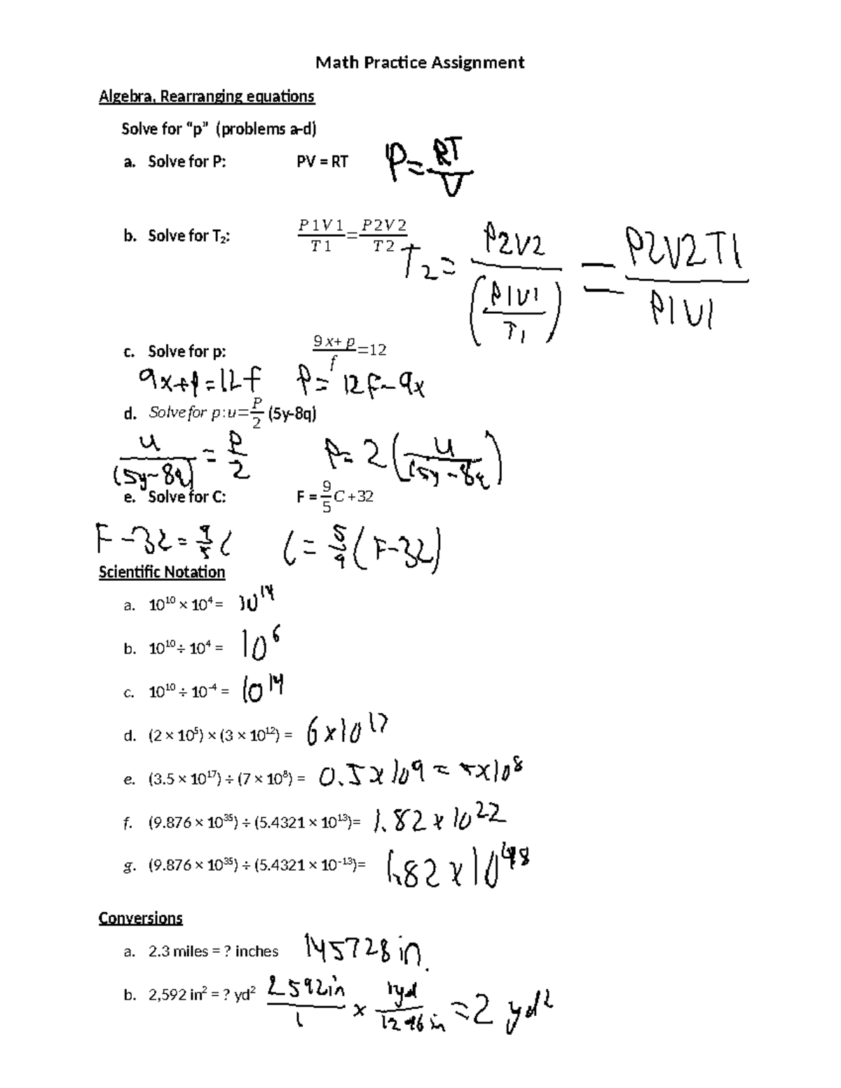 Week 1 Chem Recitation Math Practice - Math Practice Assignment Algebra ...