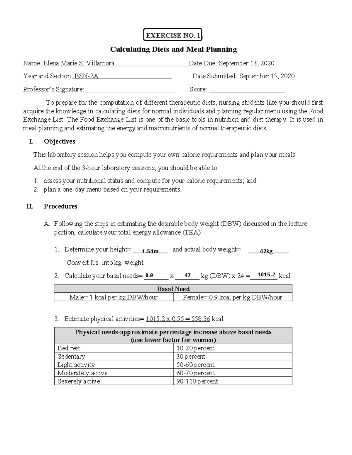 Villamora - Oooo - Exercise No. 1 Calculating Diets And Meal Planning 