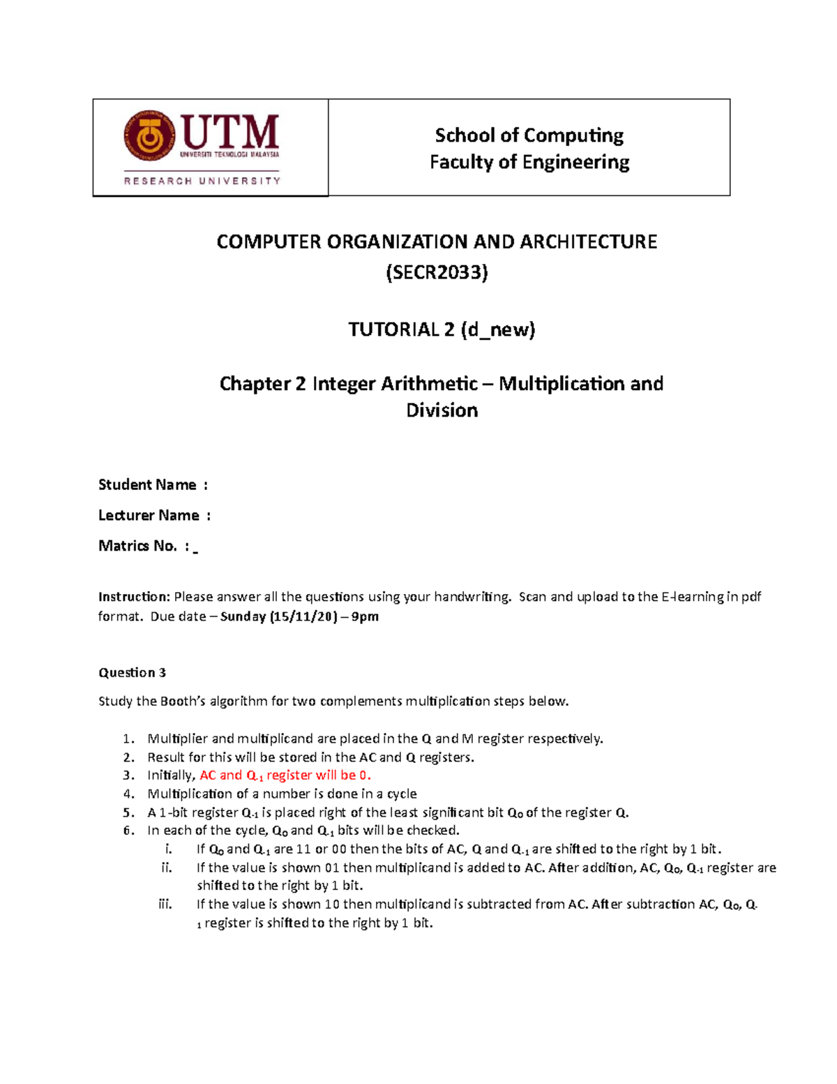 Tutorial 2 (d new) Multiplication and Division - COMPUTER ORGANIZATION ...