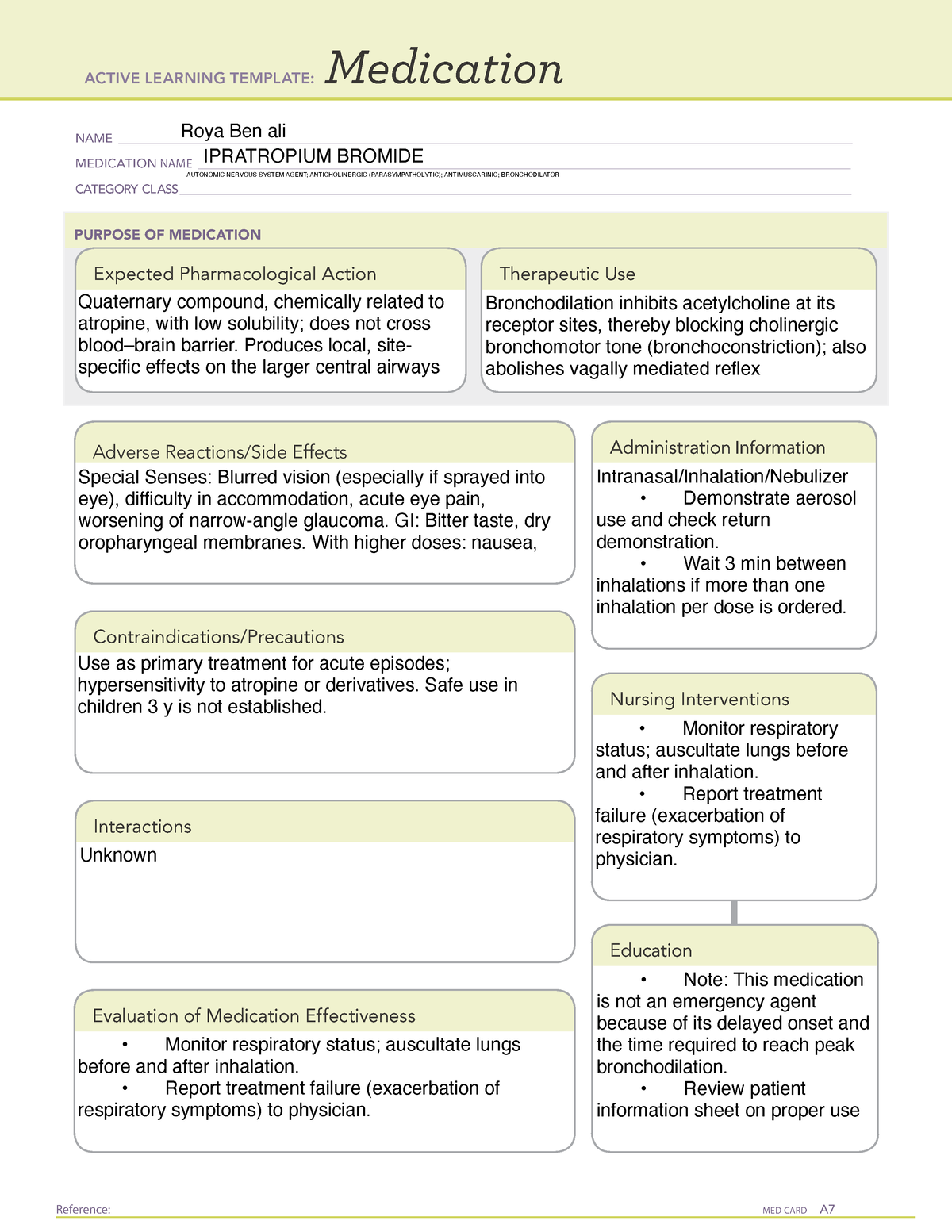 Ipratropium Medication template Reference: MED CARD A Medication