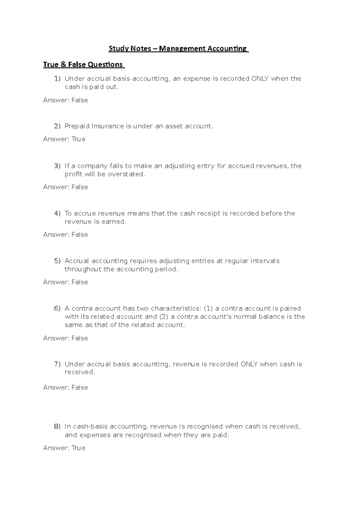 EXAM Study Notes - Study Notes – Management Accounting True & False ...
