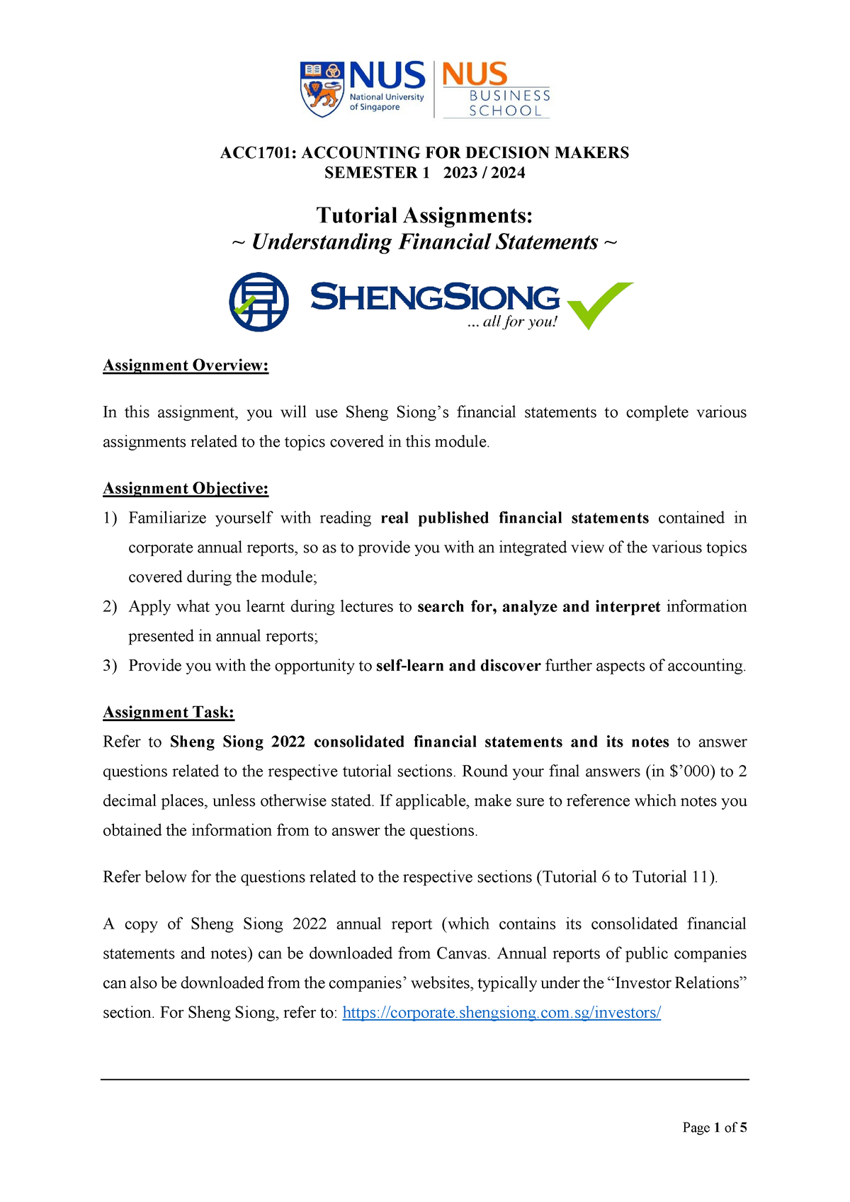 Tutorial Understanding FS - Sheng Siong Questions - Page 1 Of 5 ACC1701 ...