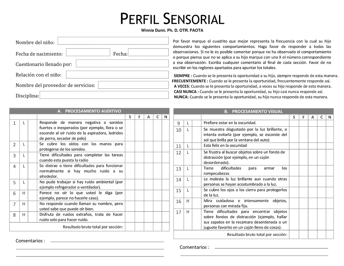 C31 Sensory Profile Pauta Perfil Sensorial Nombre Del Niño Fecha De Nacimiento Fecha 0139