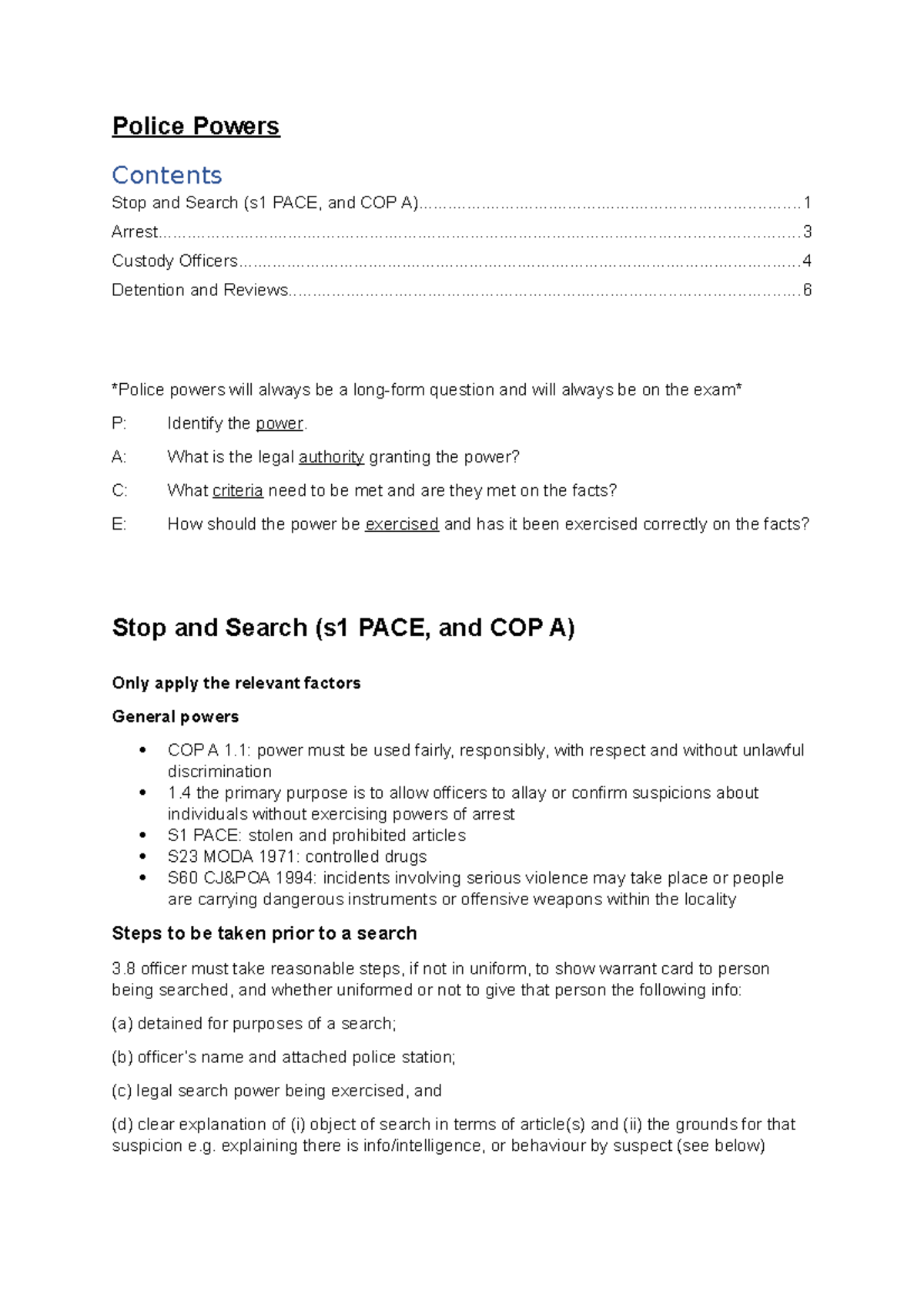 CRIM LIT Police Powers - Police Powers Contents Stop and Search (s1 ...