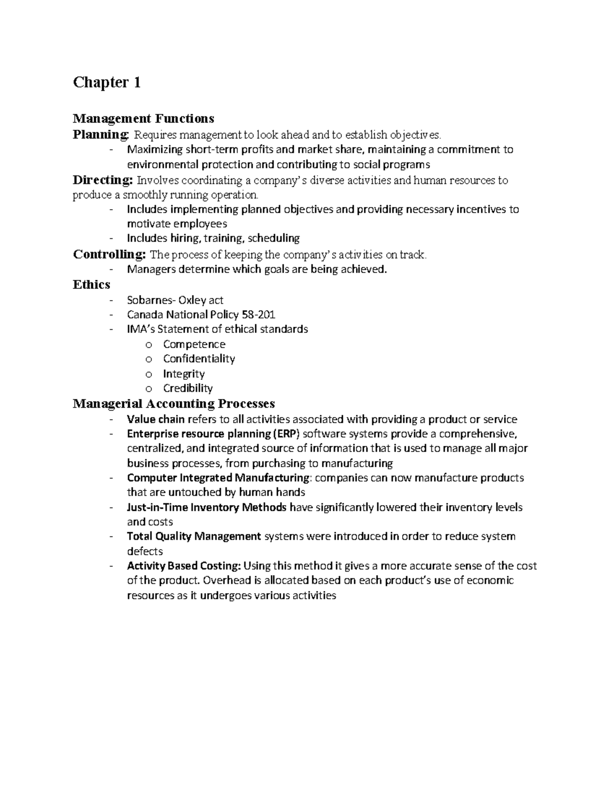 Lecture notes, lecture 1,2,5,8 - Chapter 1 Management Functions ...