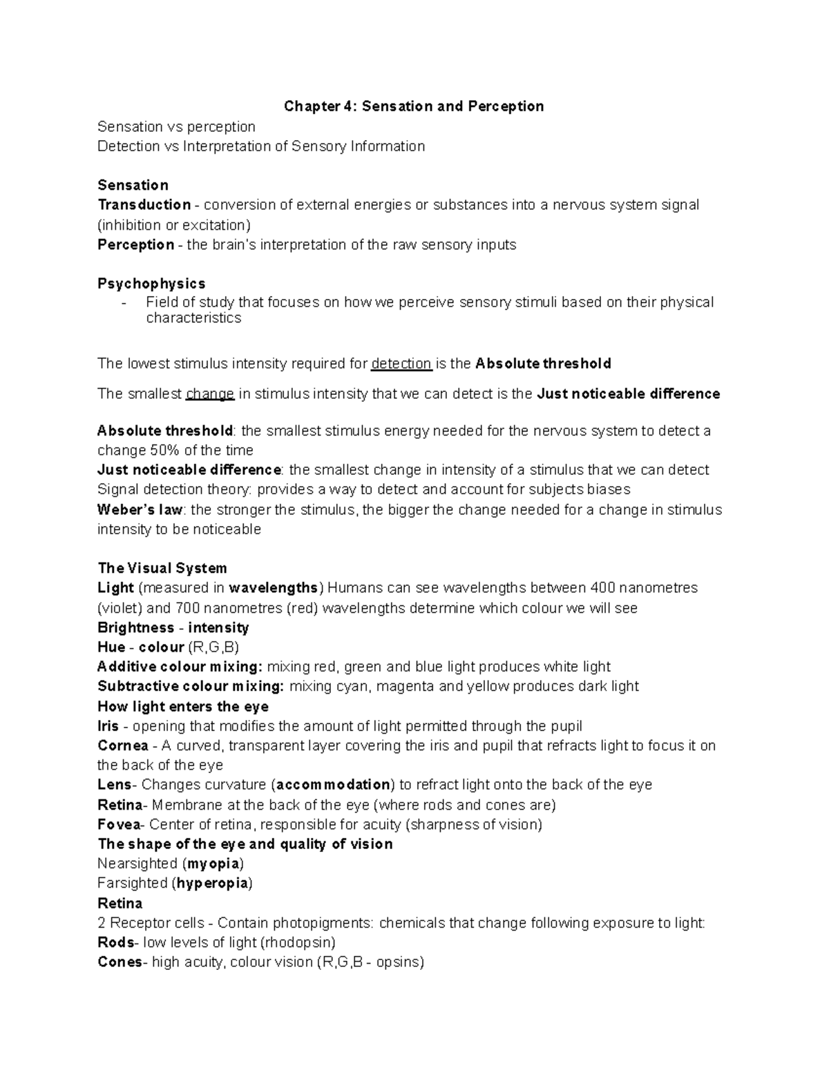 Chapter 4 and 5 sensation and perception - Chapter 4: Sensation and ...