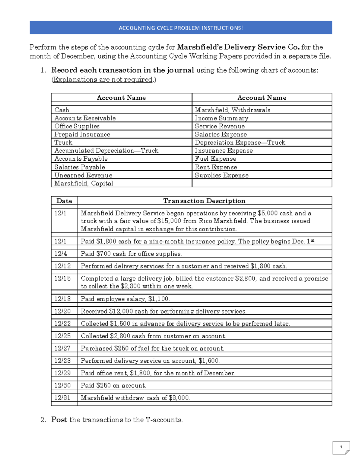 Accounting Cycle Problem Instructions - 1 ACCOUNTING CYCLE PROBLEM ...