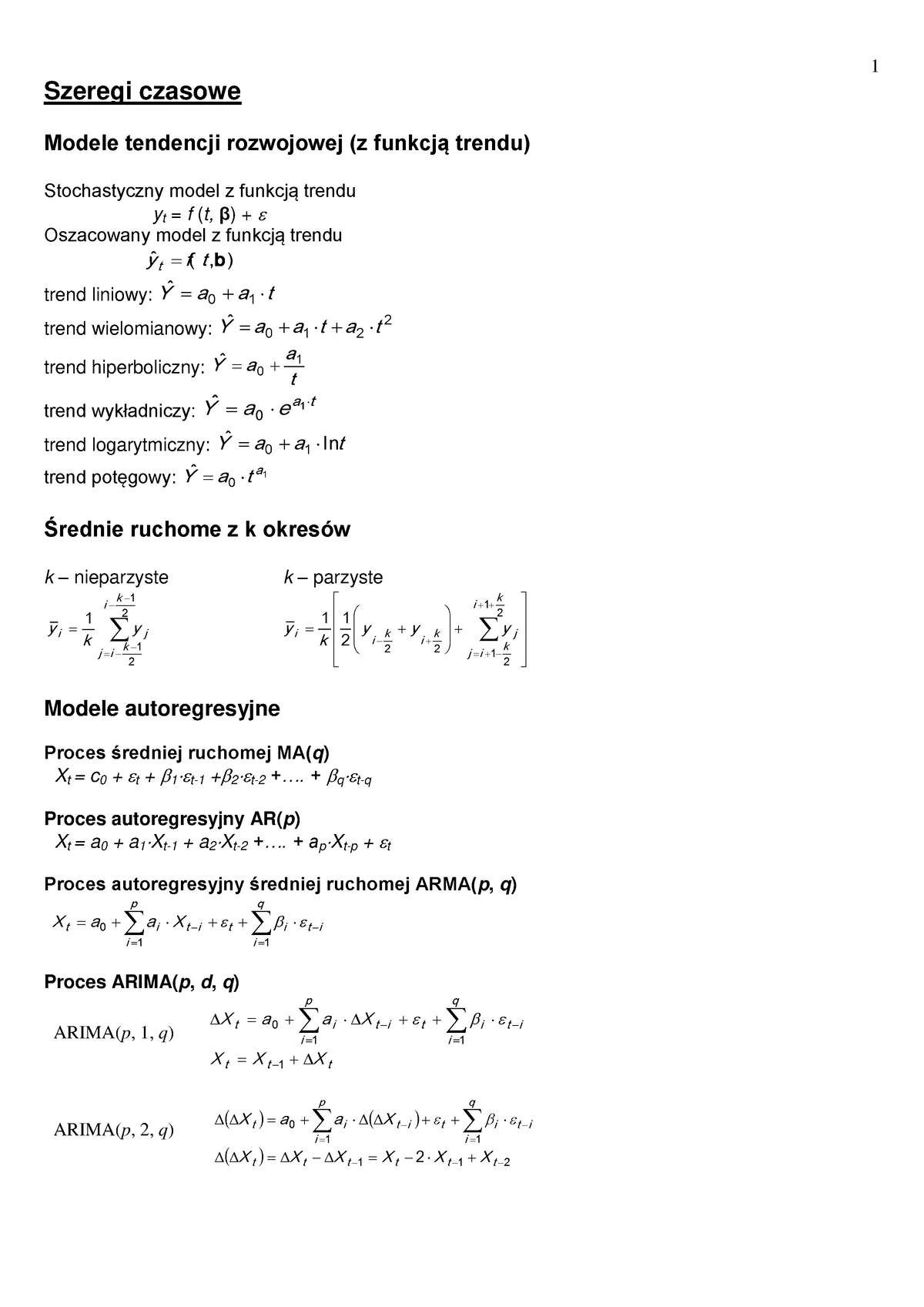 Wzory D 2E - 1 Szeregi Czasowe Modele Tendencji Rozwojowej (z Funkcją ...