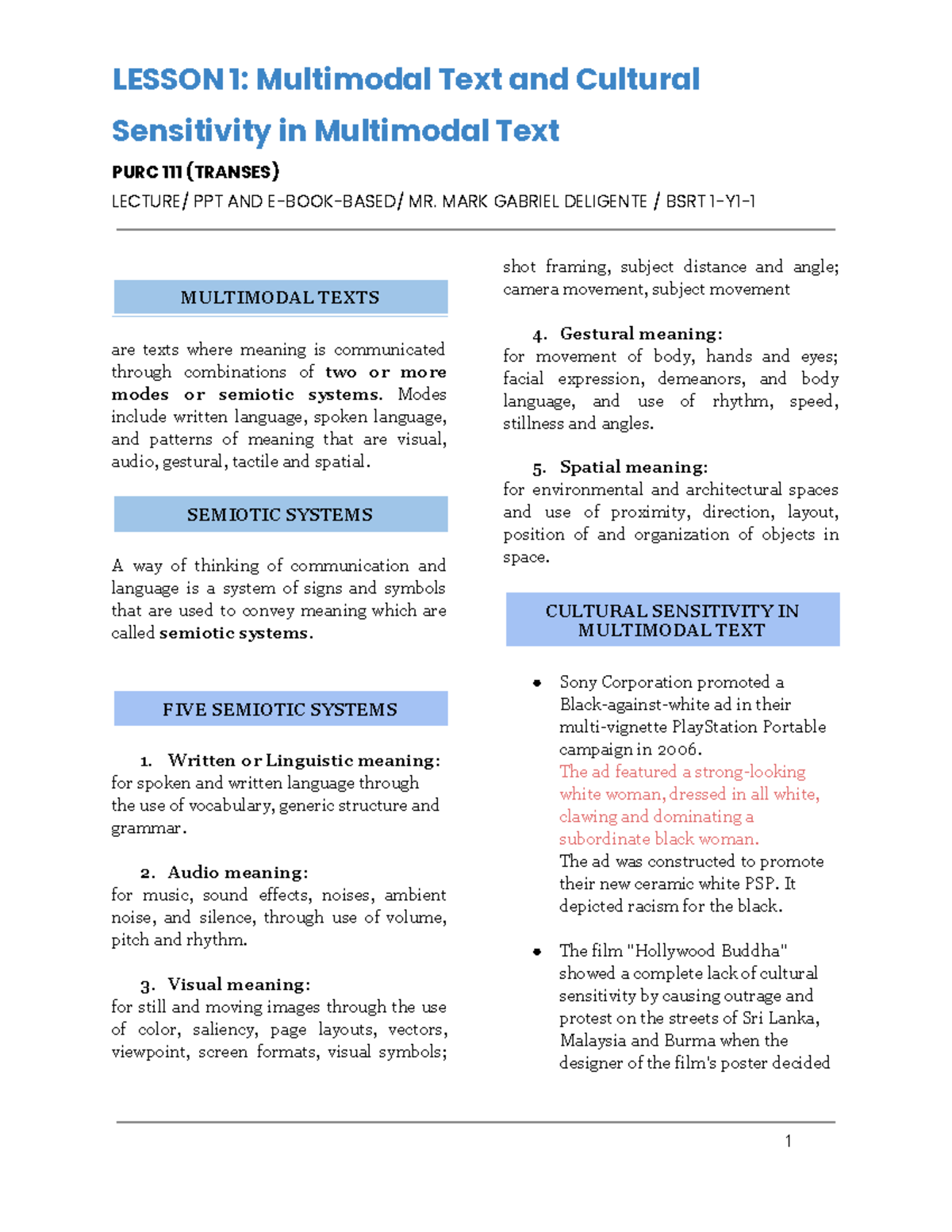 Lesson 1 Multimodal Text and Cultural Sensitivity in Multimodal Text ...