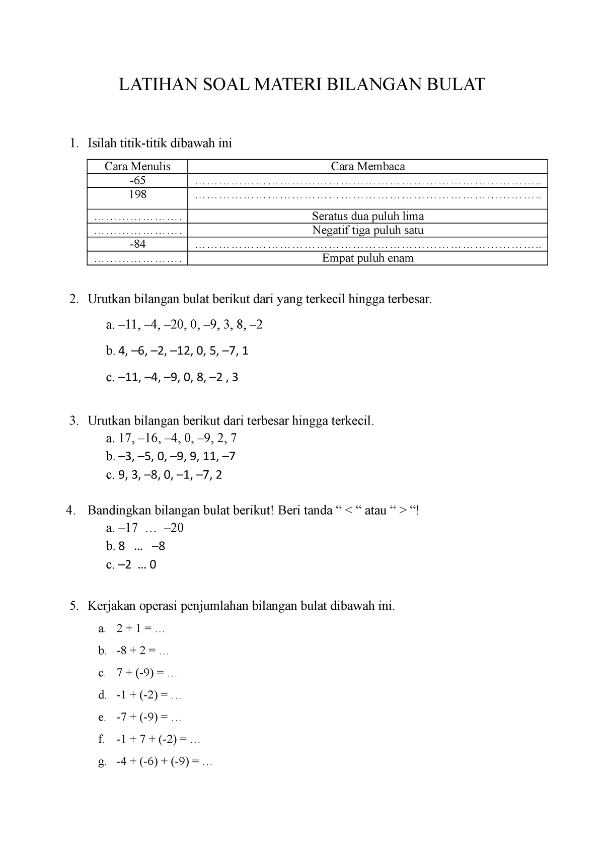 Latihan SOAL Materi Bilangan Bulat DAN Operasi Hitung FULL - LATIHAN ...