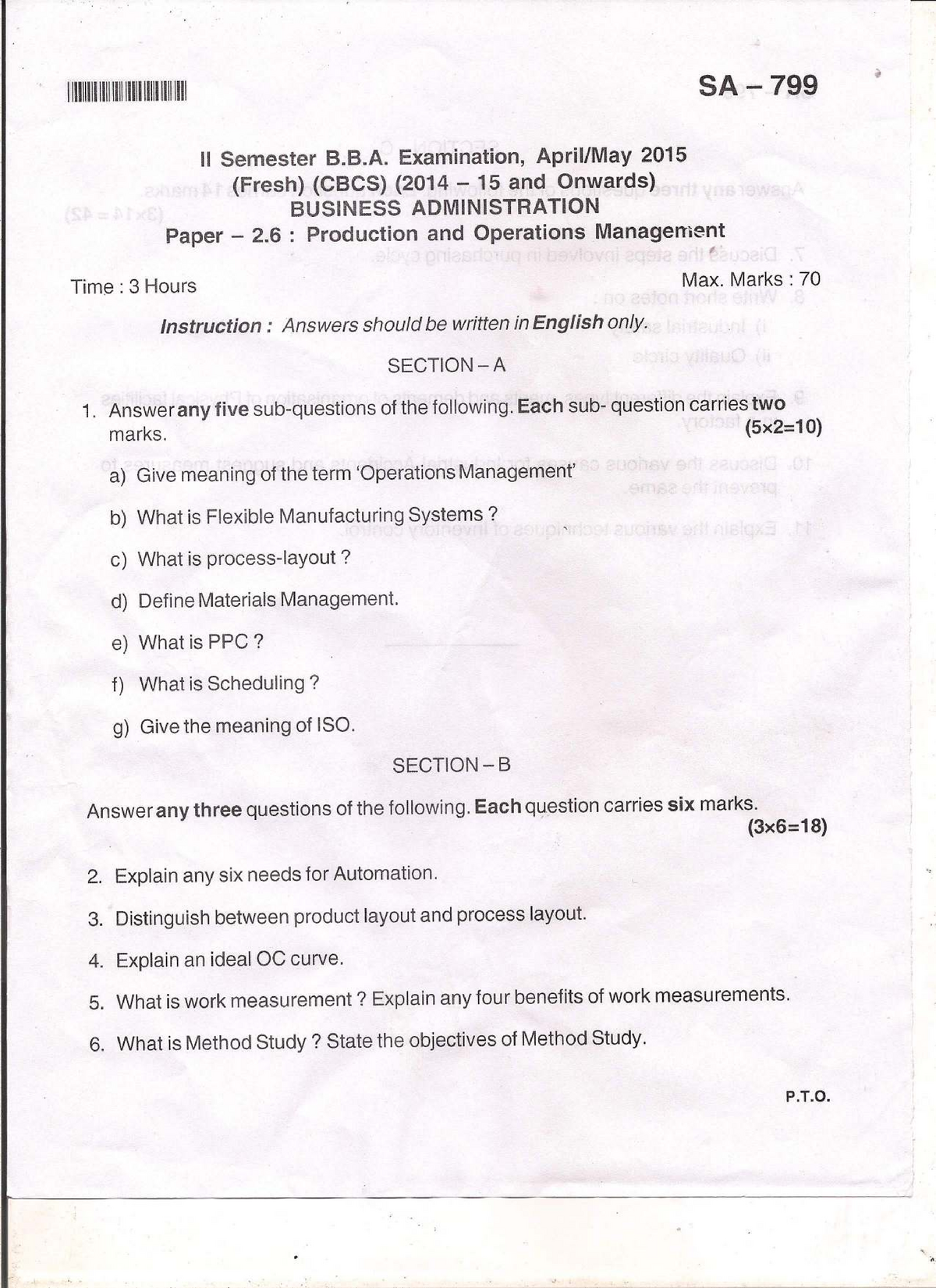 Exam May 2015, Questions - I SA 799 Ll Semester B.B. Examination, 2015 ...