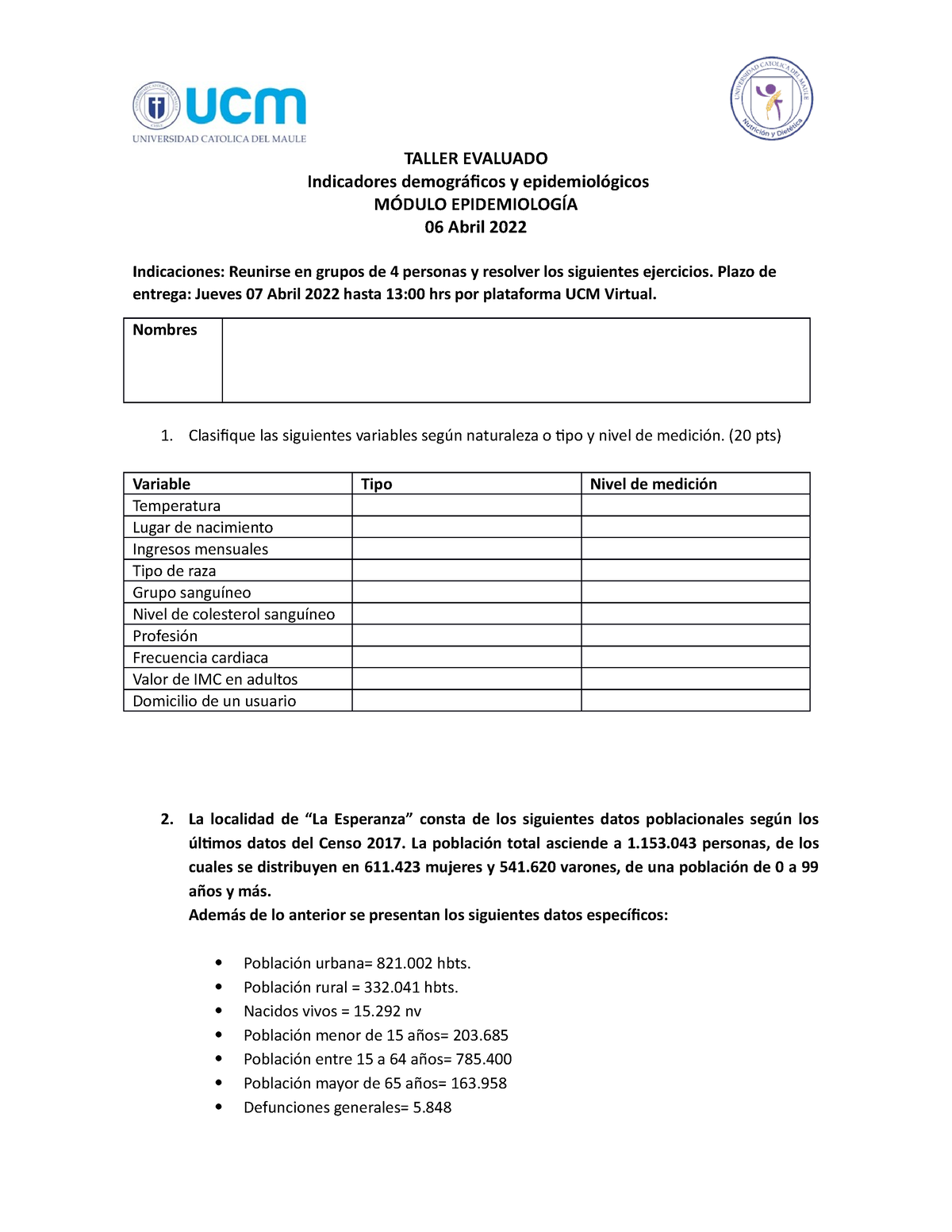 Taller Indicadores Demogr Ã¡ficos Y Epidemiol Ã³gicos - TALLER EVALUADO ...