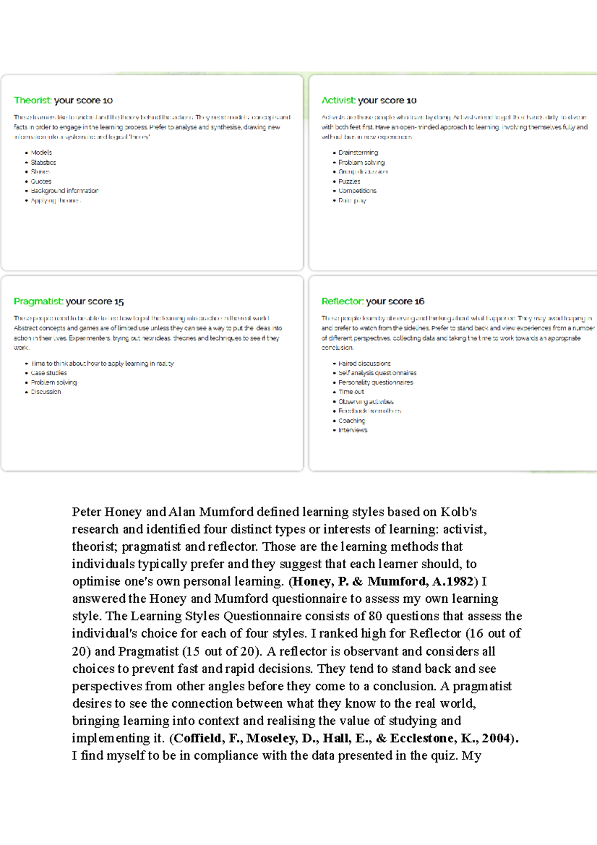 Questionnaire for Assessment 1a Peter Honey and Alan Mumford defined