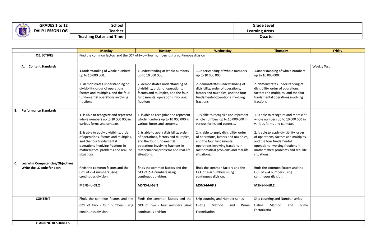 MATH JUL-MAR - qsdfsadfsdfas - GRADES 1 to 12 DAILY LESSON LOG School ...