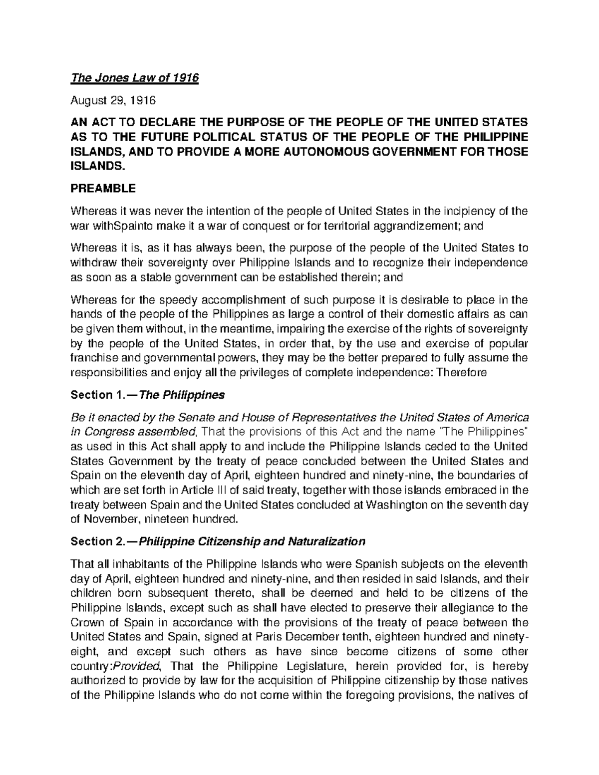 The Full text of the Jones Law of 1916. The Jones Law of 1916 August