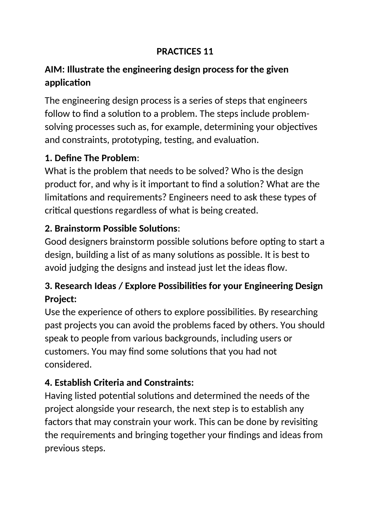 Practices 11 - Illustrate The Engineering Design Process For The Given ...