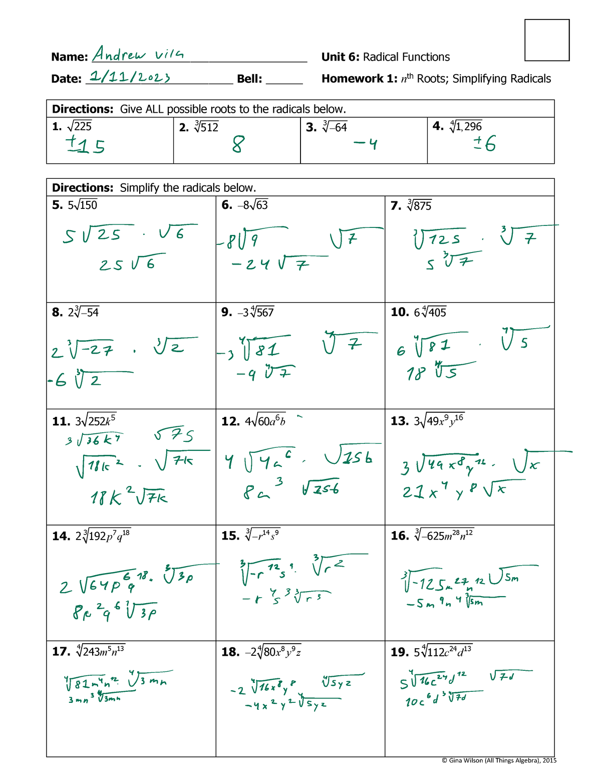 unit 6 radical functions homework 7 answer key