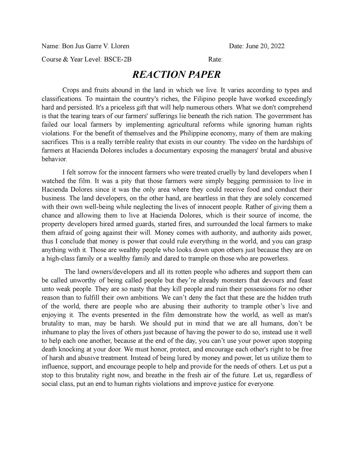 Reaction Paper-Hacienda Dolores Testament and Summarization - Name: Bon ...