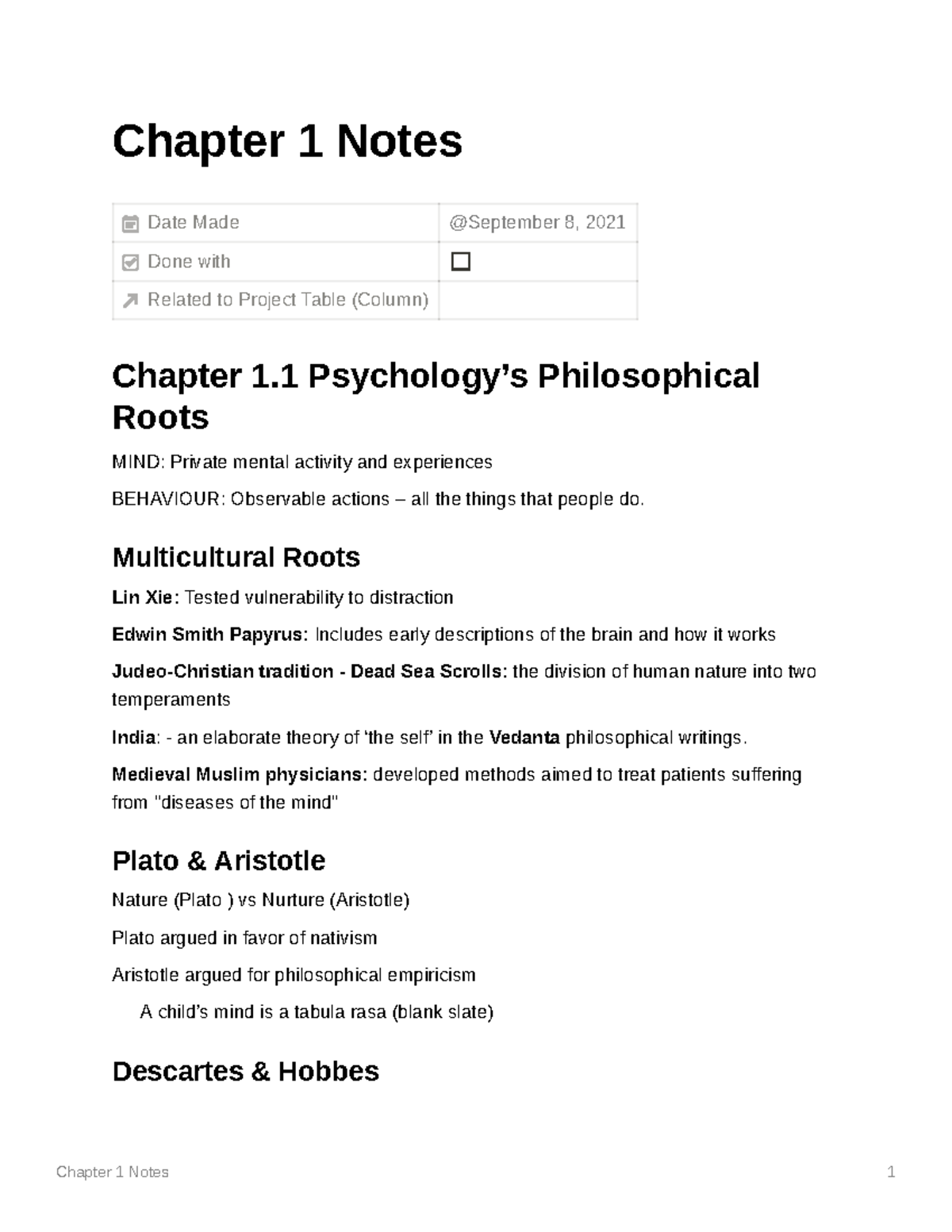 Chapter 1 Notes - Psychology - Chapter 1 Notes 1 Chapter 1 Notes Date ...