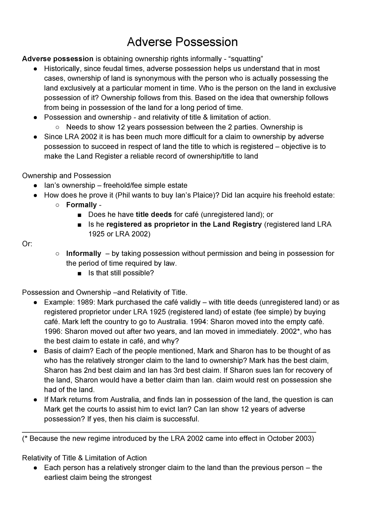 Adverse Possession - Land Law LAW4006 - StuDocu