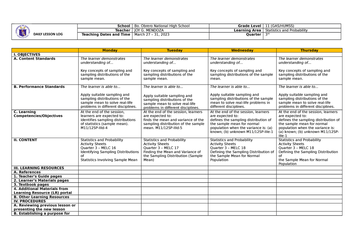 Daily Lesson LOG SP(mar27-mar31) - grade 11 Math - Studocu