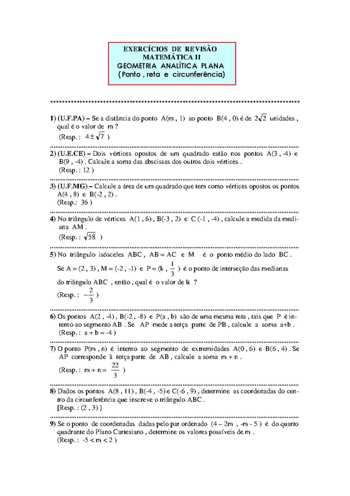 Exercícios De Revisão Matemática Ii Geometria Analítica Plana Ponto