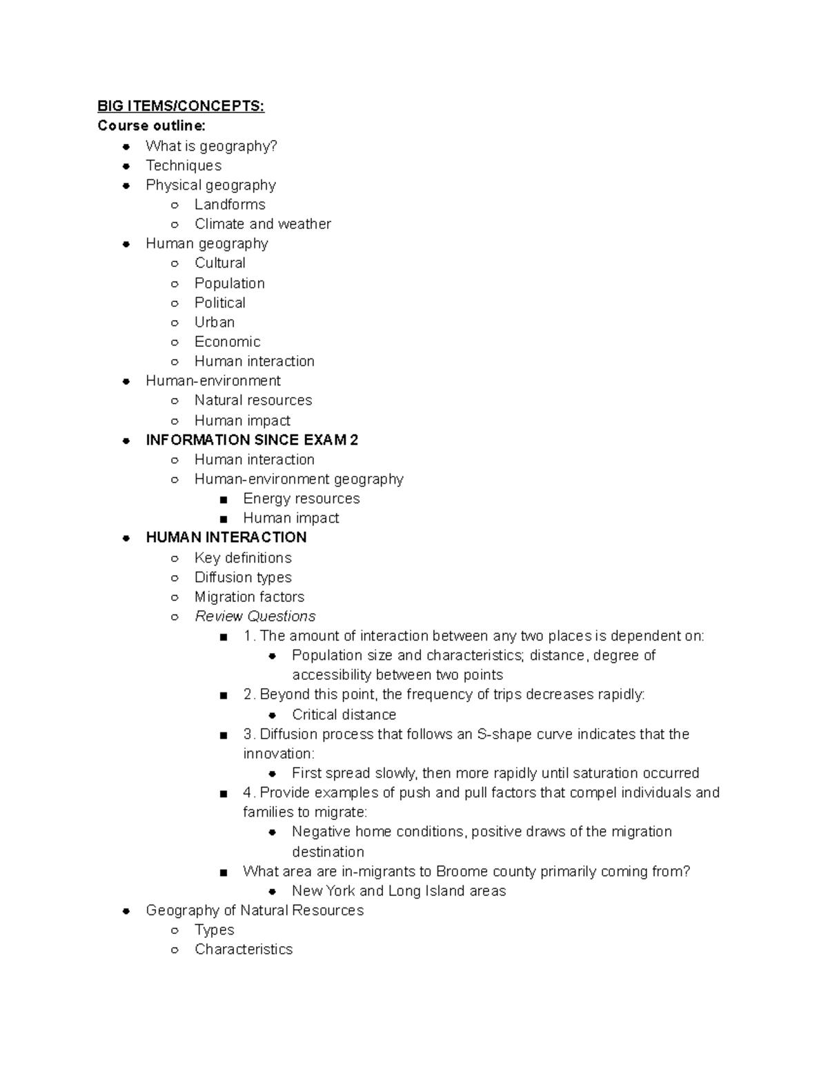 GEOG 101 Final EXAM Review - BIG ITEMS/CONCEPTS: Course Outline: What ...