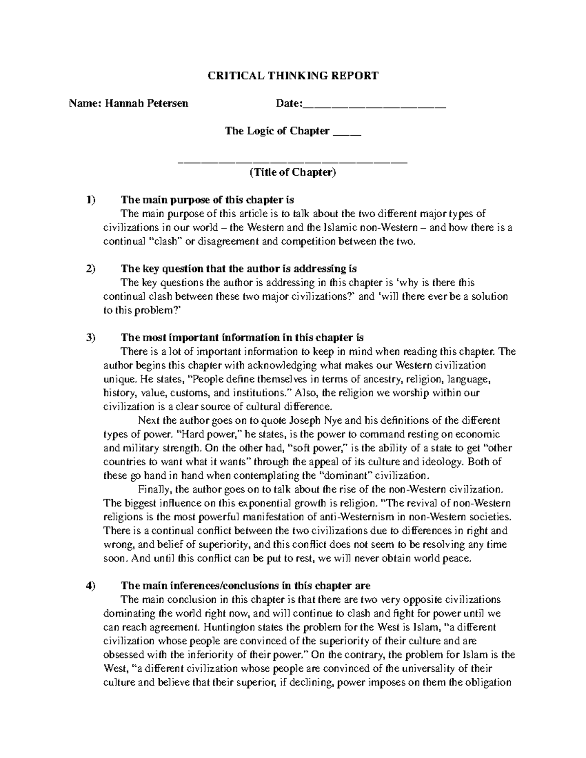 CTR 9 - CTR - CRITICAL THINKING REPORT Name: Hannah Petersen Date