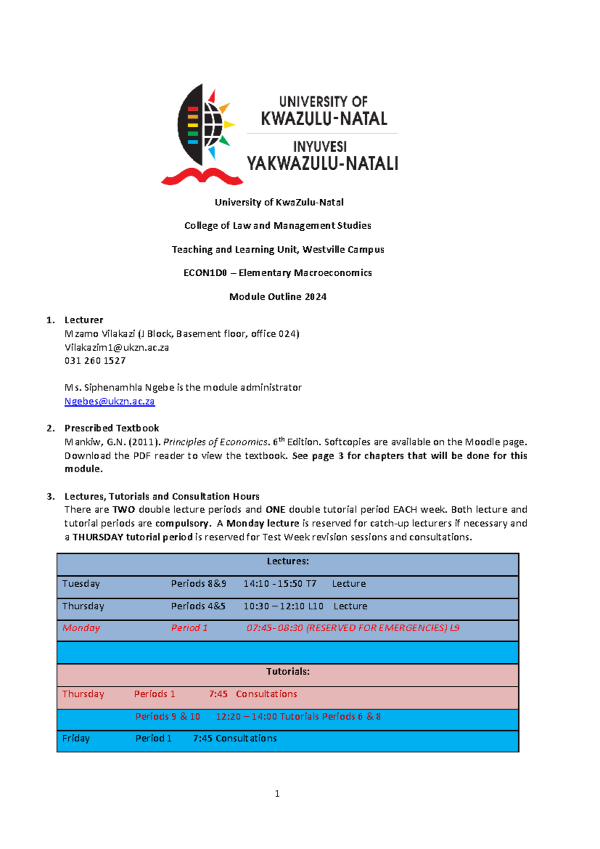 Course Outline 2024 ECON1DO - 1 University of KwaZulu-Natal College of ...