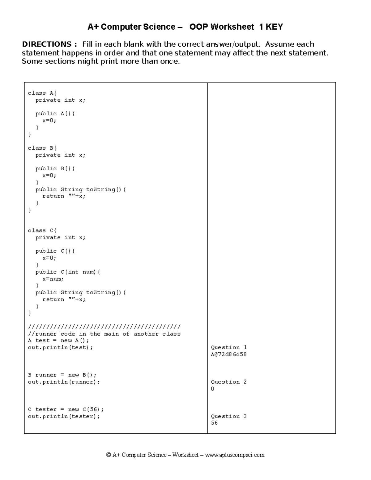 Moreoop worksheet 1 java aplus key - A+ Computer Science – OOP ...