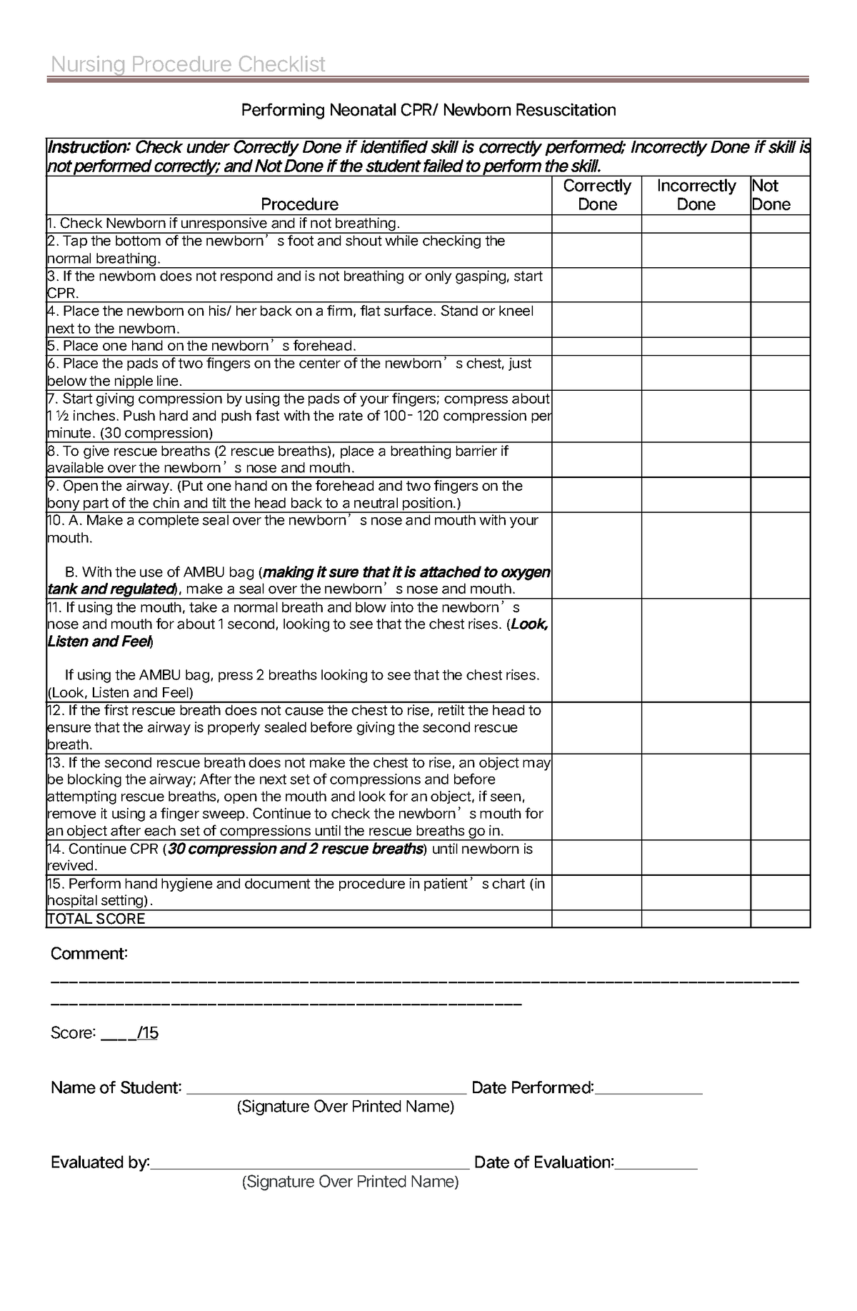 Newborn- Resuscitation- Checklist - NNuurrssiinngg PPrroocceedduurree ...